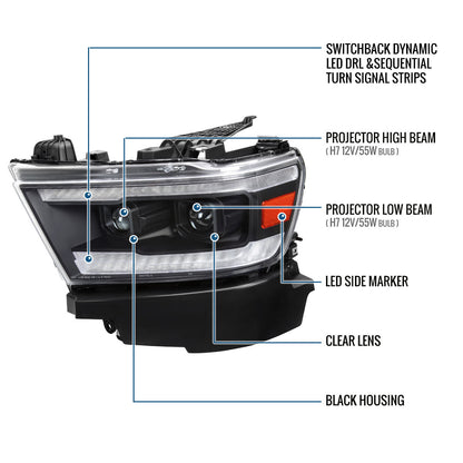 Ronnin - Fits 2019-2024 Ram 1500 Amber DRL Halogen Dual Projector Headlights LED Switchback Sequential Signal + Animated Startup Effect Assembly Pair | Black