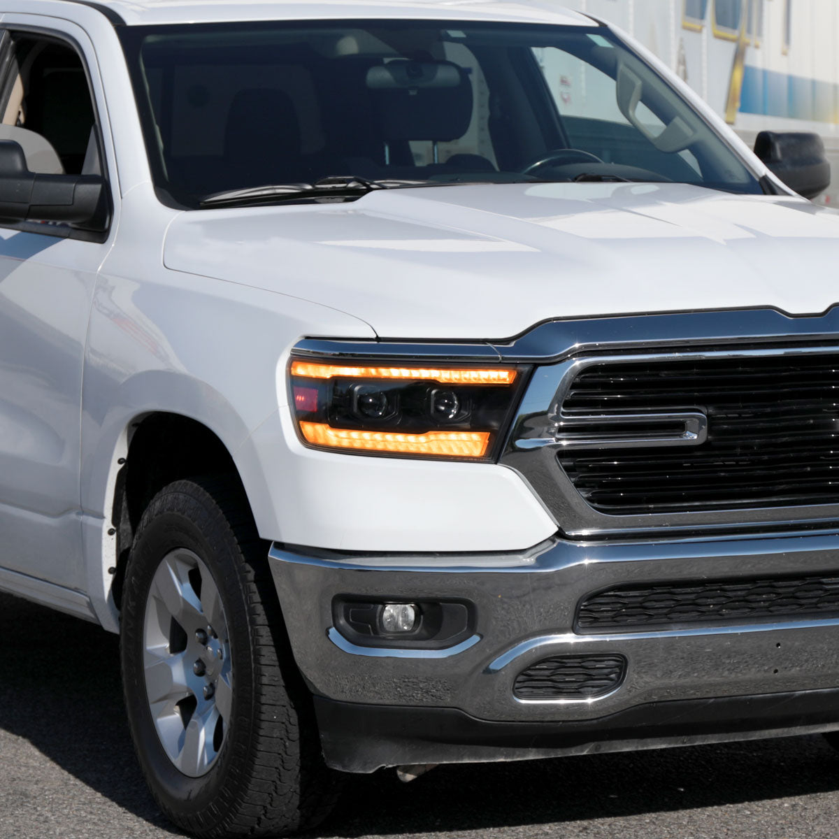 Ronnin - Fits 2019-2024 Ram 1500 Amber DRL Halogen Dual Projector Headlights LED Switchback Sequential Signal + Animated Startup Effect Assembly Pair | Black