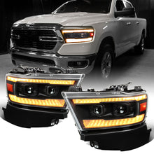 Ronnin - Fits 2019-2024 Ram 1500 Amber DRL Halogen Dual Projector Headlights LED Switchback Sequential Signal + Animated Startup Effect Assembly Pair | Black
