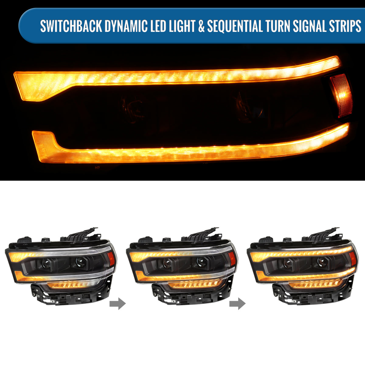 Ronnin - Fits 2019-2024 Ram 2500 3500 Amber DRL Halogen Dual Projector Headlights LED Switchback Sequential Signal + Animated Startup Assembly Pair | Black