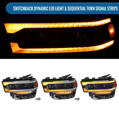 Ronnin - Fits 2019-2024 Ram 2500 3500 Amber DRL Halogen Dual Projector Headlights LED Switchback Sequential Signal + Animated Startup Assembly Pair | Black