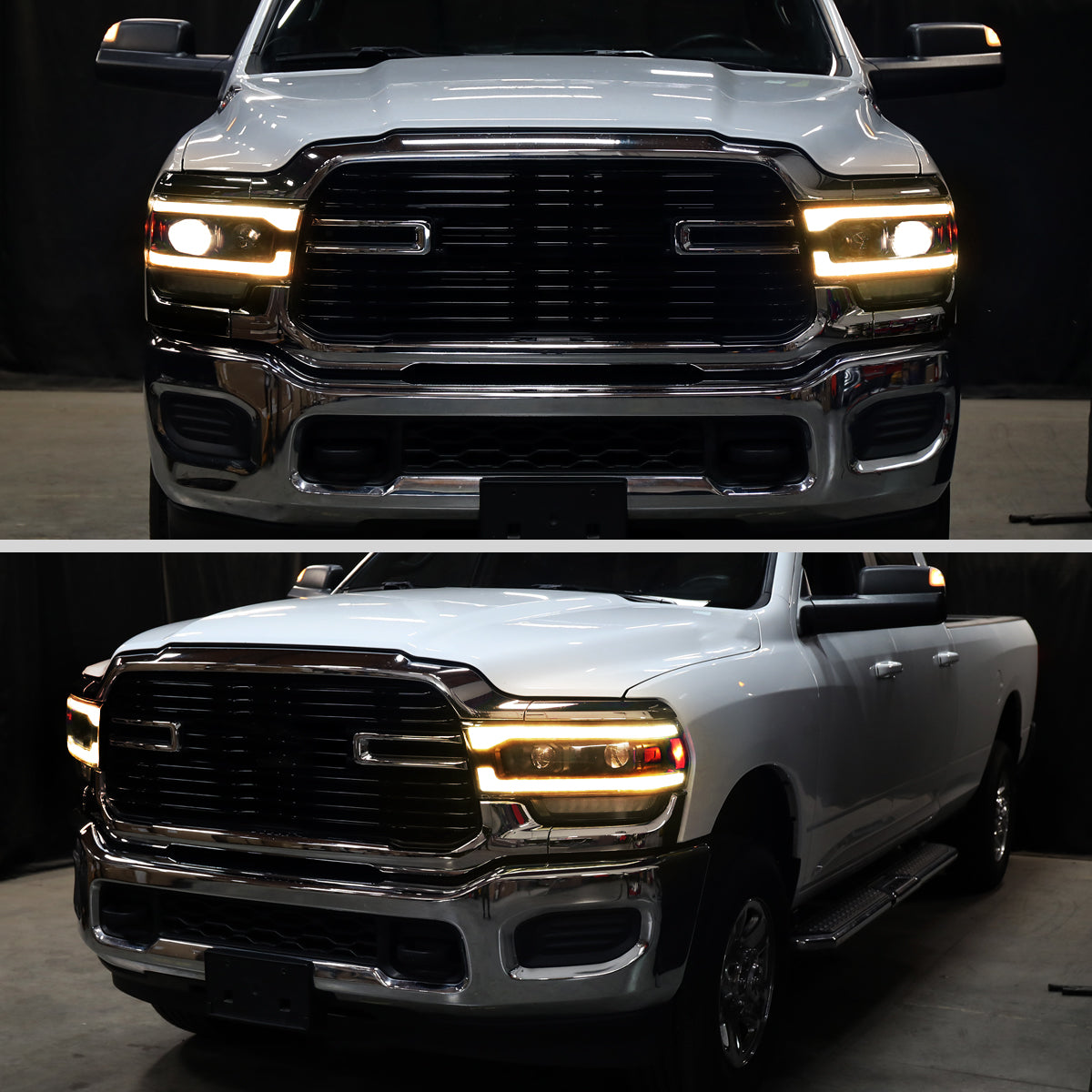 Ronnin - Fits 2019-2024 Ram 2500 3500 Amber DRL Halogen Dual Projector Headlights LED Switchback Sequential Signal + Animated Startup Assembly Pair | Black