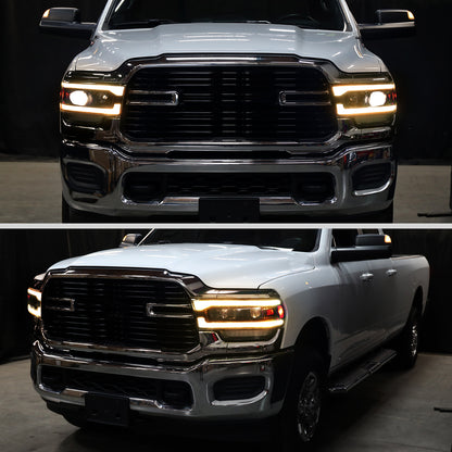 Ronnin - Fits 2019-2024 Ram 2500 3500 Amber DRL Halogen Dual Projector Headlights LED Switchback Sequential Signal + Animated Startup Assembly Pair | Black