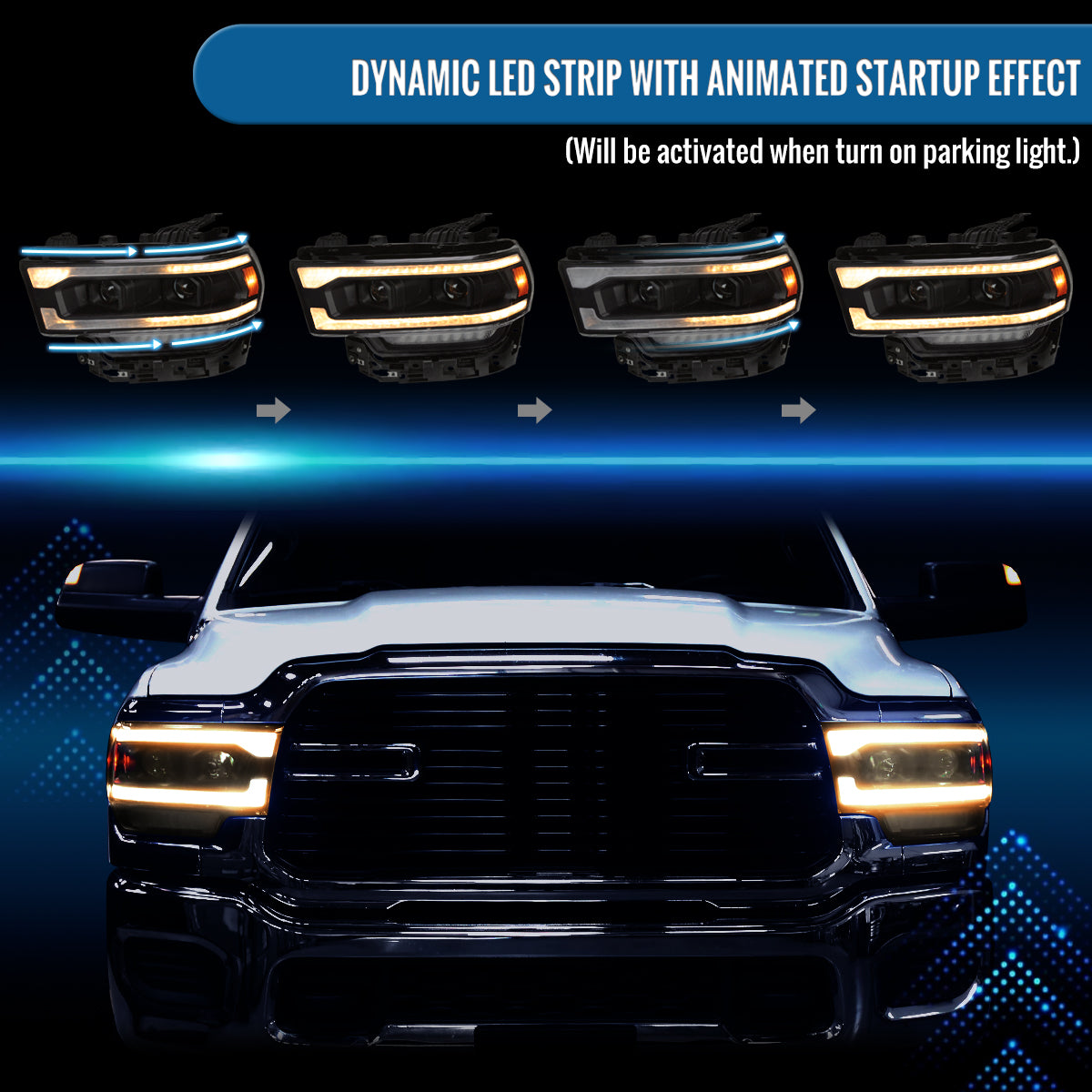 Ronnin - Fits 2019-2024 Ram 2500 3500 Amber DRL Halogen Dual Projector Headlights LED Switchback Sequential Signal + Animated Startup Assembly Pair | Black
