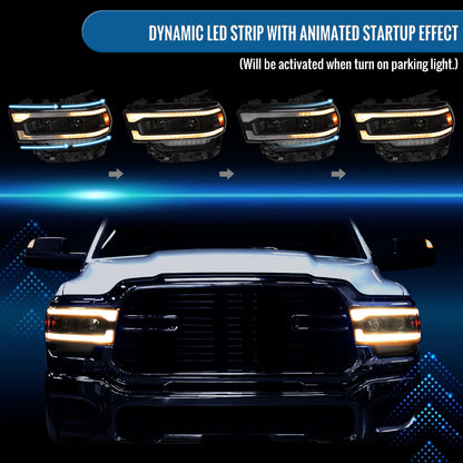 Ronnin - Fits 2019-2024 Ram 2500 3500 Amber DRL Halogen Dual Projector Headlights LED Switchback Sequential Signal + Animated Startup Assembly Pair | Black