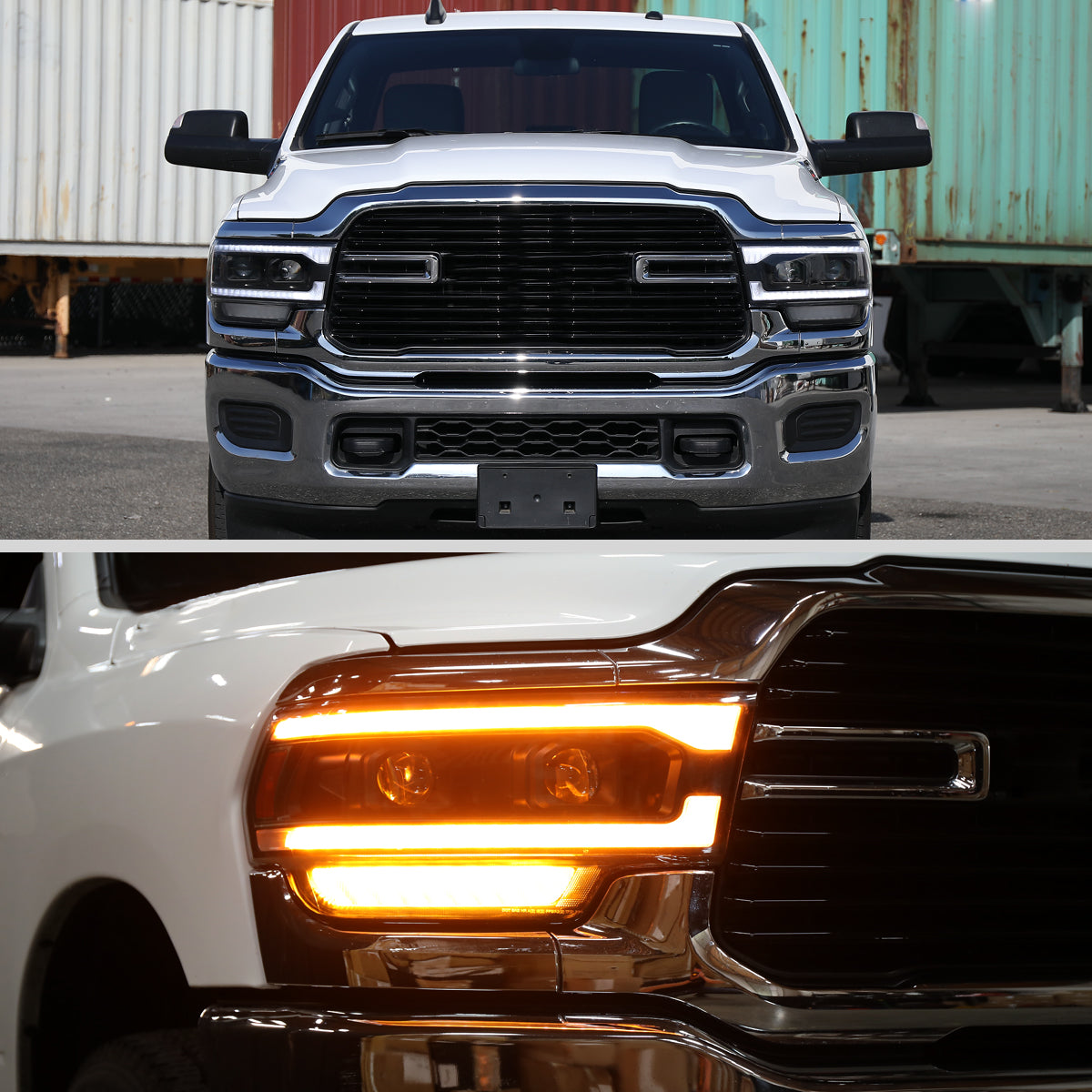 Ronnin - Fits 2019-2024 Ram 2500 3500 Amber DRL Halogen Dual Projector Headlights LED Switchback Sequential Signal + Animated Startup Assembly Pair | Black