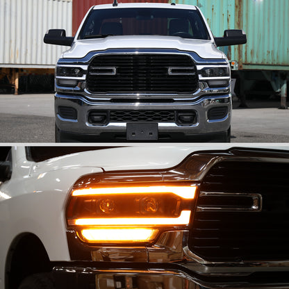 Ronnin - Fits 2019-2024 Ram 2500 3500 Amber DRL Halogen Dual Projector Headlights LED Switchback Sequential Signal + Animated Startup Assembly Pair | Black