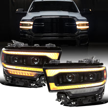 Ronnin - Fits 2019-2024 Ram 2500 3500 Amber DRL Halogen Dual Projector Headlights LED Switchback Sequential Signal + Animated Startup Assembly Pair | Black