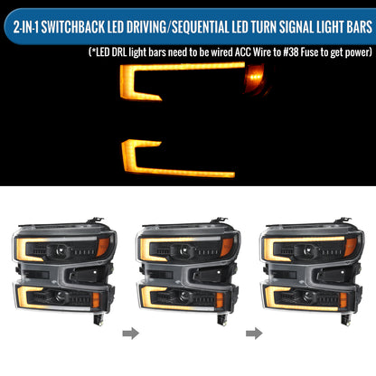 2019-2022 Chevy Silverado 1500 LTD Dual Projector Headlight Amber DRL LED Switchback Sequential Signals Animated Startup Pair | Black