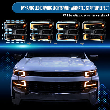 2019-2022 Chevy Silverado 1500 LTD Dual Projector Headlight Amber DRL LED Switchback Sequential Signals Animated Startup Pair | Black
