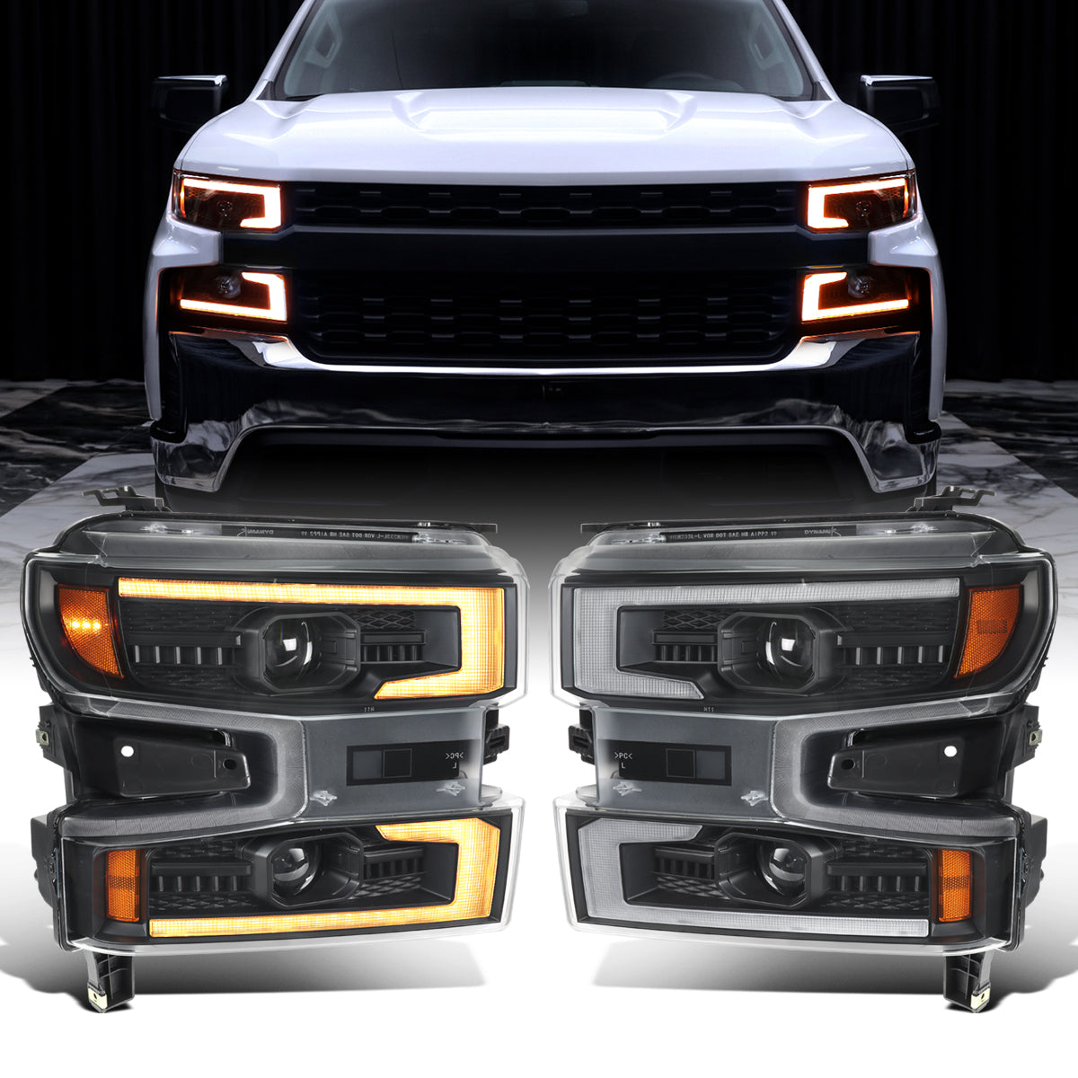2019-2022 Chevy Silverado 1500 LTD Dual Projector Headlight Amber DRL LED Switchback Sequential Signals Animated Startup Pair | Black