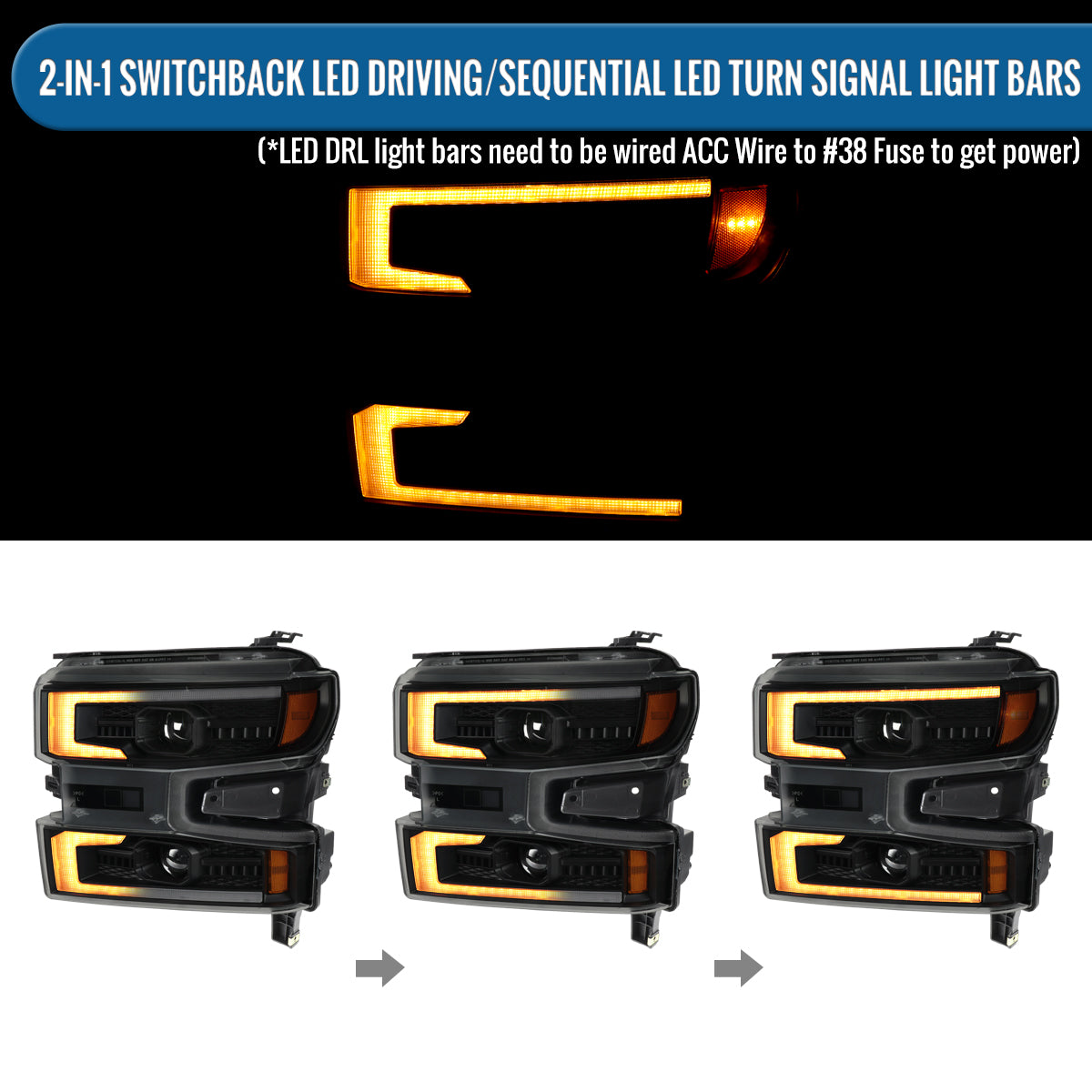 2019-2022 Chevy Silverado 1500 LTD Dual Projector Headlight Amber DRL LED Switchback Sequential Signals Animated Startup Pair | Black Smoke