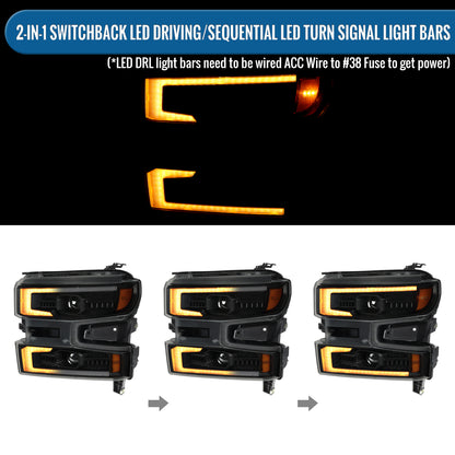 2019-2022 Chevy Silverado 1500 LTD Dual Projector Headlight Amber DRL LED Switchback Sequential Signals Animated Startup Pair | Black Smoke
