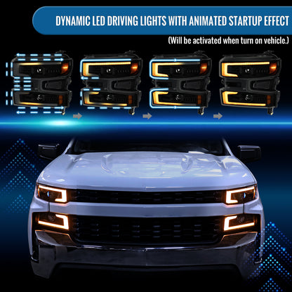 2019-2022 Chevy Silverado 1500 LTD Dual Projector Headlight Amber DRL LED Switchback Sequential Signals Animated Startup Pair | Black Smoke