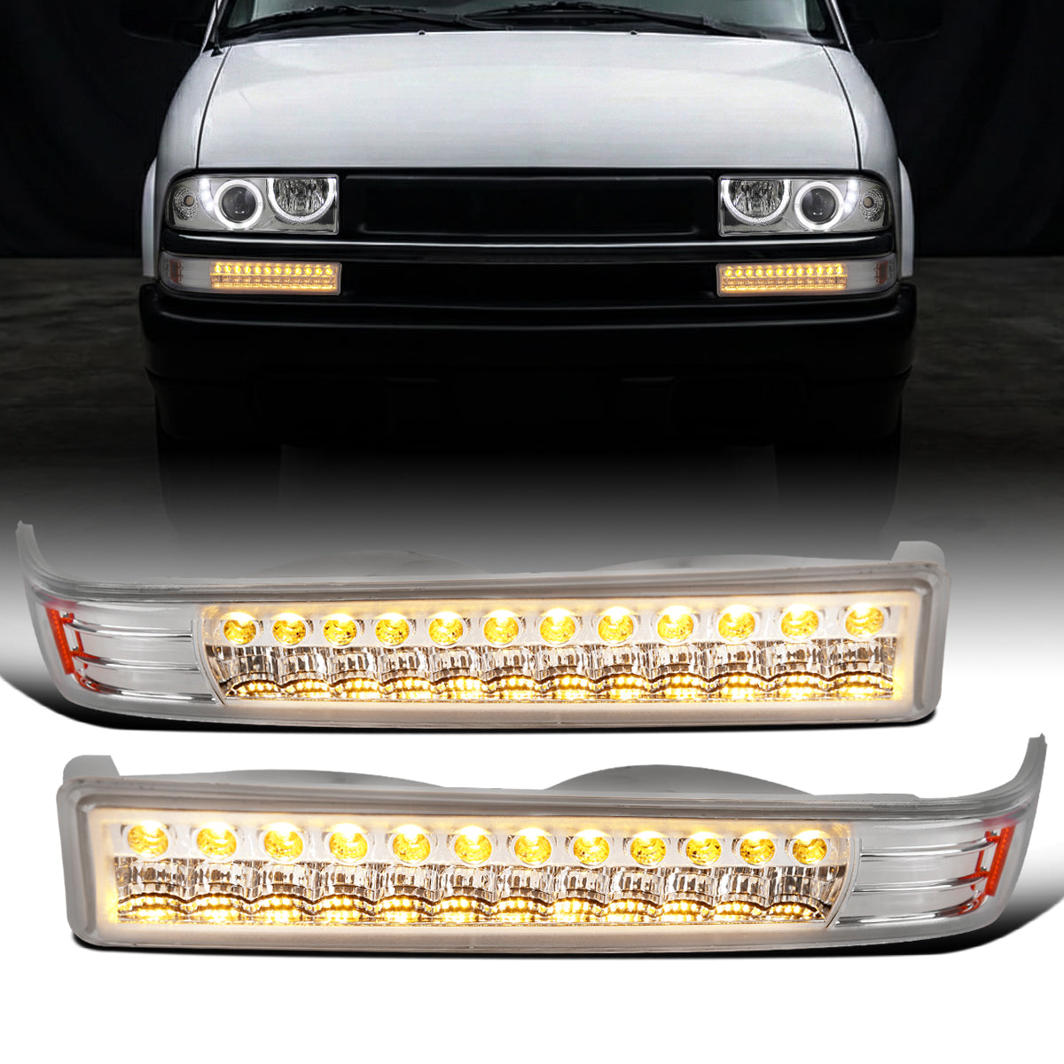 Ronnin - Compatible con Chevy GMC Sonoma S10 Pickup 1998-2004, Blazer 1998-2005, luces LED de parachoques de repuesto mejoradas, par | Cromo