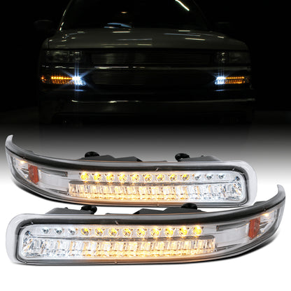 Ronnin - Fits 1999-2002 Chevy Silverado 1500 2500 3500 2000-2006 Tahoe Suburban 1500 2500 Full LED Bumper Turn Signal Lights Assembly Pair | Chrome