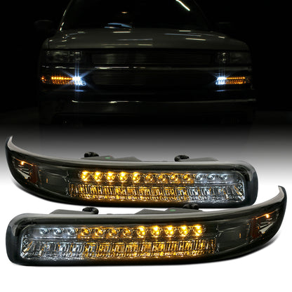Ronnin - Fits 1999-2002 Chevy Silverado 1500 2500 3500 2000-2006 Tahoe Suburban 1500 2500 Full LED Bumper Turn Signal Lights Assembly Pair | Smoke