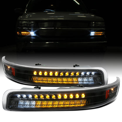 Ronnin - Fits 1999-2002 Chevy Silverado 1500 2500 3500 2000-2006 Tahoe Suburban 1500 2500 Full LED Bumper Turn Signal Lights Assembly Pair | Black