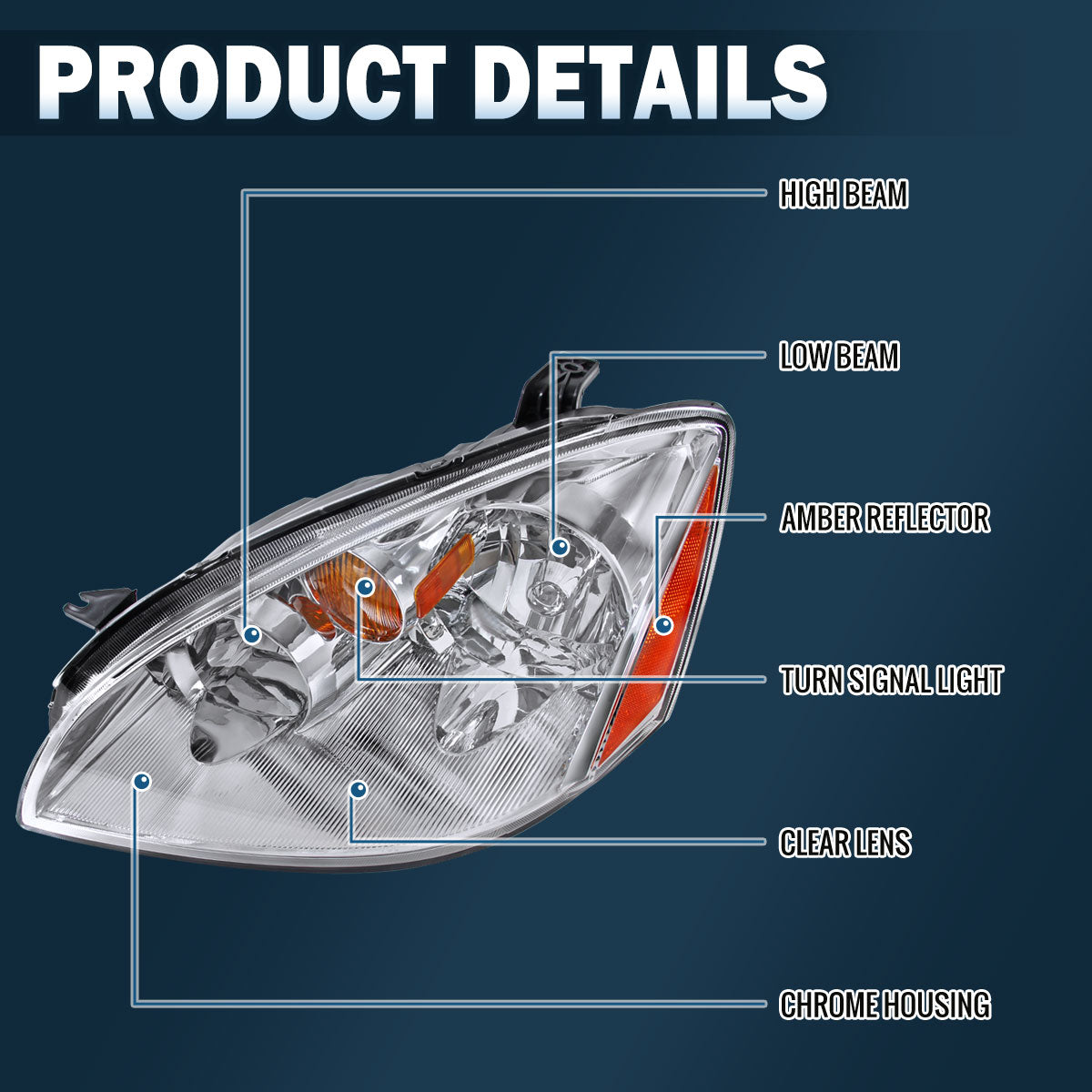 Ronnin - Fits 2002-2004 Nissan Altima Factory Replacement Halogen Headlights Assembly Pair | Chrome