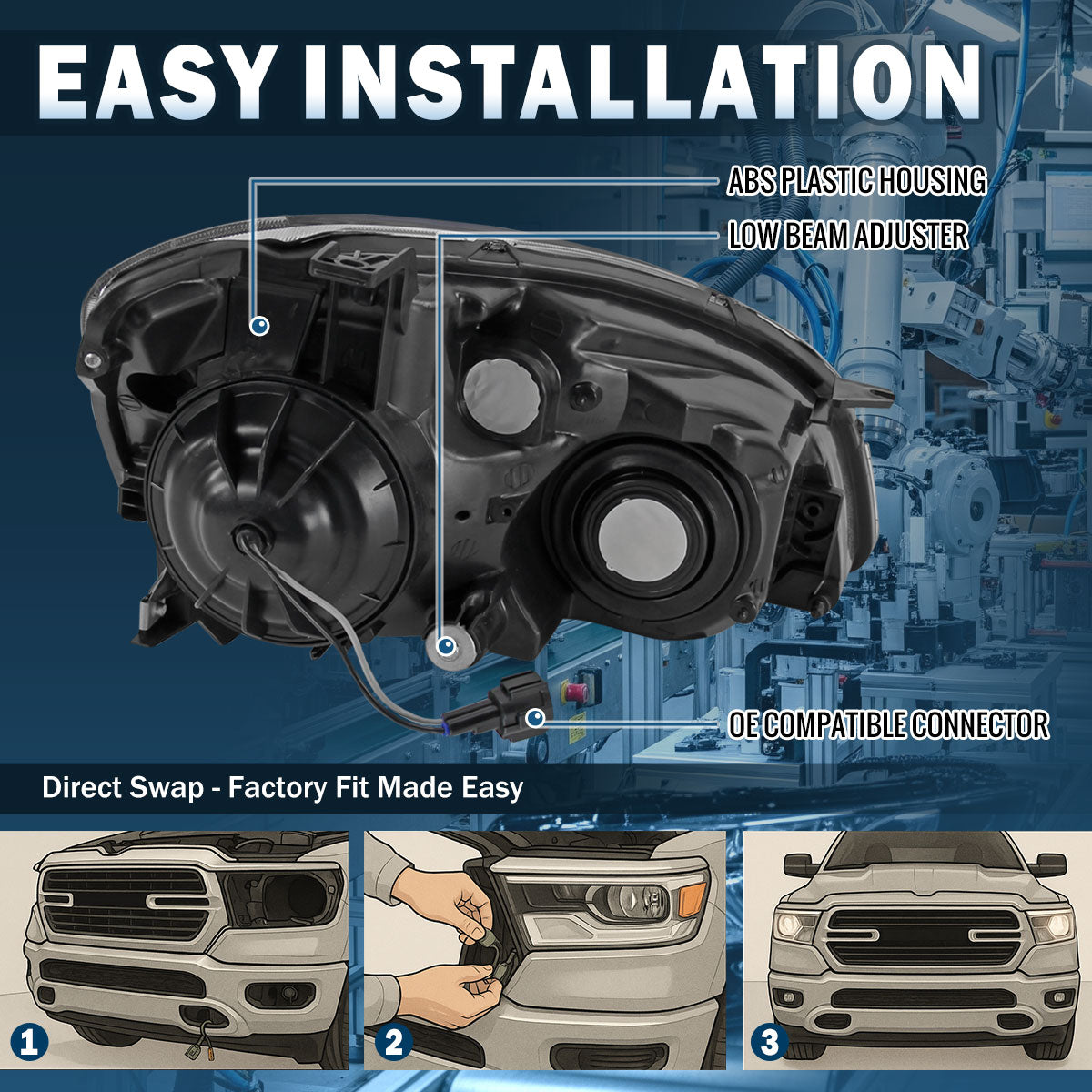 Ronnin - Fits 2002-2004 Nissan Altima Factory Replacement Halogen Headlights Assembly Pair | Chrome