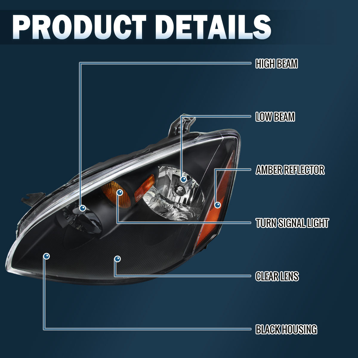 Ronnin - Compatible con Nissan Altima 2002-2004 | Par de faros delanteros halógenos de repuesto | Negros