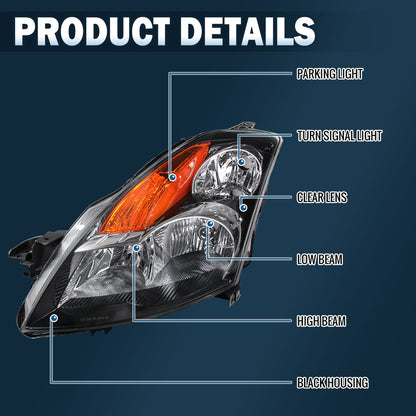Ronnin - Compatible con Nissan Altima Sedan 2007-2009 | Par de faros halógenos de repuesto | Negro