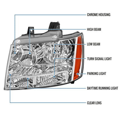 Ronnin - Fits 2007-2014 Chevy Avalanche Tahoe Suburban Factory Replacement Headlights  Assembly Pair | Chrome