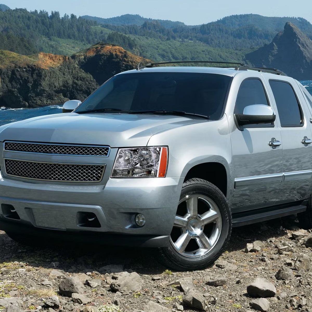 Ronnin - Fits 2007-2014 Chevy Avalanche Tahoe Suburban Factory Replacement Headlights  Assembly Pair | Chrome