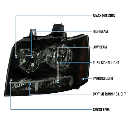 Ronnin - Fits 2007-2014 Chevy Avalanche Tahoe Suburban Factory Replacement Headlights  Assembly Pair | Black Smoke