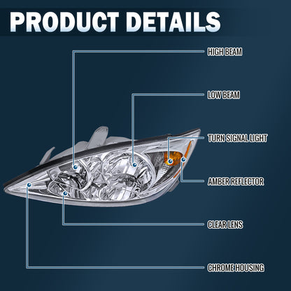 Ronnin - Conjunto de faros delanteros de repuesto para Toyota Camry US Spec 2002-2004 | Cromado