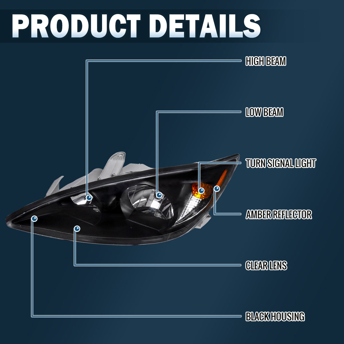 Ronnin - Faros delanteros de repuesto para Toyota Camry US Spec 2002-2004 | Negro