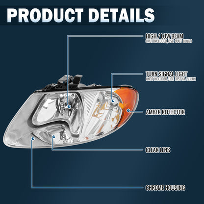 Ronnin - Compatible con Dodge Grand Caravan, Chrysler Town & Country, Grand Voyager de 2001-2007 | Par de ensamblaje de faros de repuesto | Cromado