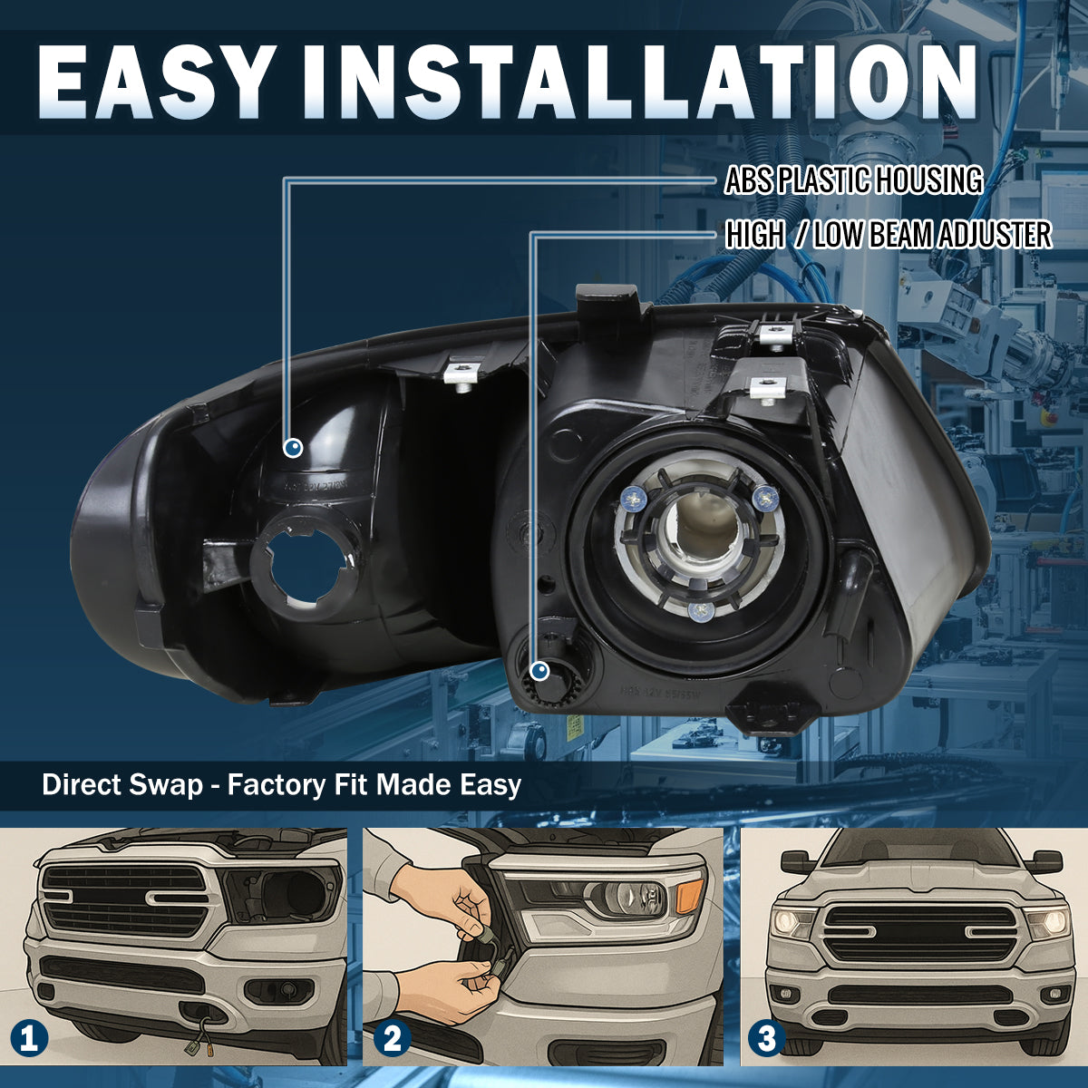 2001-2007 Dodge Grand Caravan Chrysler Town & Country Grand Voyager  Replacement Headlights Assembly Pair | Black
