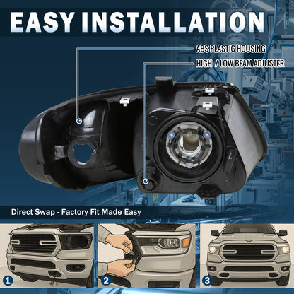 2001-2007 Dodge Grand Caravan Chrysler Town & Country Grand Voyager  Replacement Headlights Assembly Pair | Black