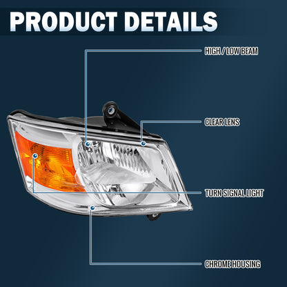 Ronnin - Compatible con Dodge Grand Caravan 2008-2010 Ensamblaje de faros delanteros de repuesto lado del pasajero | Cromado