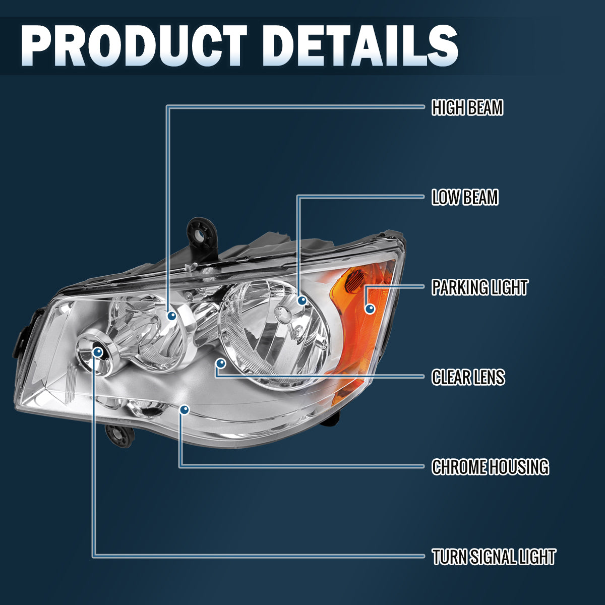 Ronnin - Compatible con Dodge Grand Caravan, Chrysler Town & Country 2011-2018 | Par de faros de repuesto de fábrica | Cromado