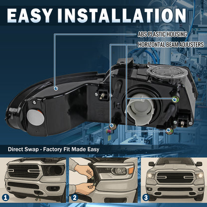 Ronnin - Compatible con Dodge Caravan 1996-2000, Plymouth Voyager, Chrysler Town & Country, Chrysler Voyager Minivan | Par de conjunto de faros de repuesto de fábrica | Negro