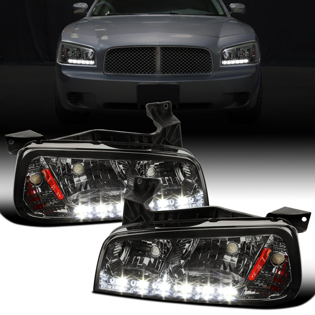 Ronnin - Fits 2006-2010 Dodge Charger Upgraded LED Running Lights Halogen Headlights Assembly Pair | Smoke