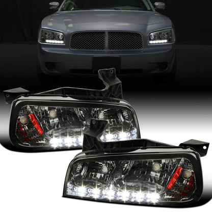 Ronnin - Fits 2006-2010 Dodge Charger Upgraded LED Running Lights Halogen Headlights Assembly Pair | Smoke