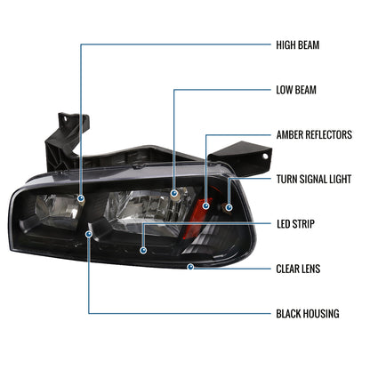 Ronnin - Fits 2006-2010 Dodge Charger Upgraded LED Running Lights Halogen Headlights Assembly Pair | Black