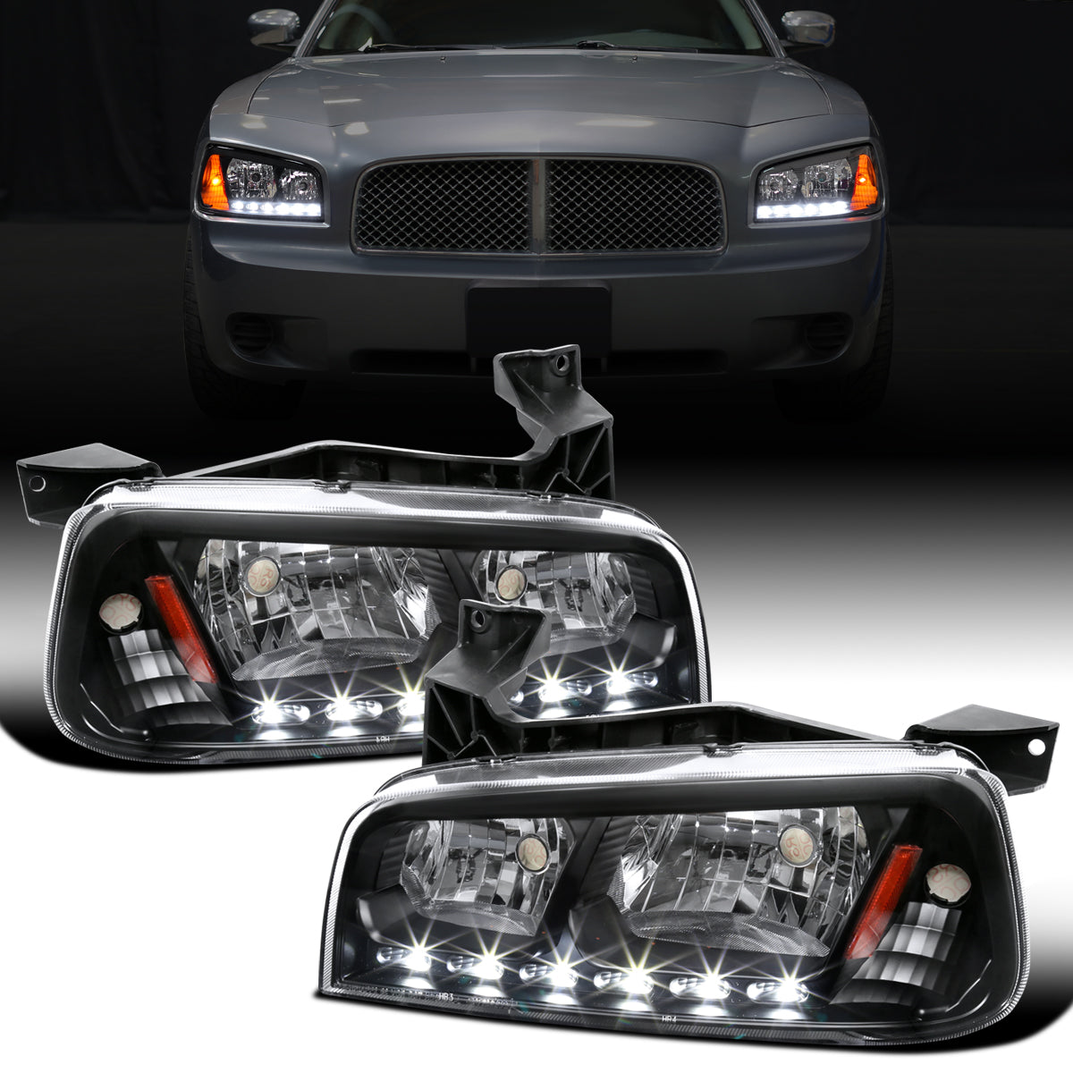 Ronnin - Fits 2006-2010 Dodge Charger Upgraded LED Running Lights Halogen Headlights Assembly Pair | Black