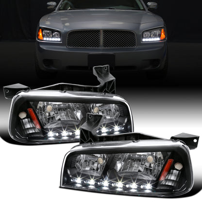 Ronnin - Fits 2006-2010 Dodge Charger Upgraded LED Running Lights Halogen Headlights Assembly Pair | Black