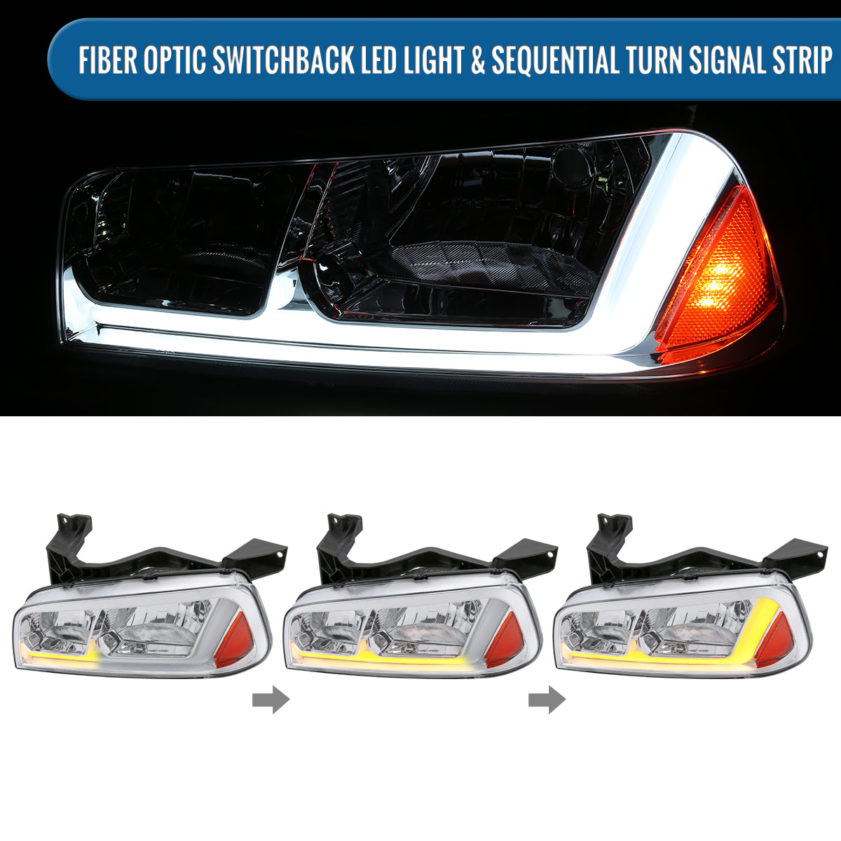 Ronnin - Fits 2006-2010 Dodge Charger Upgraded Replacement LED Tube Switchback Sequential Turn Signal Halogen Headlights Assembly Pair | Chrome