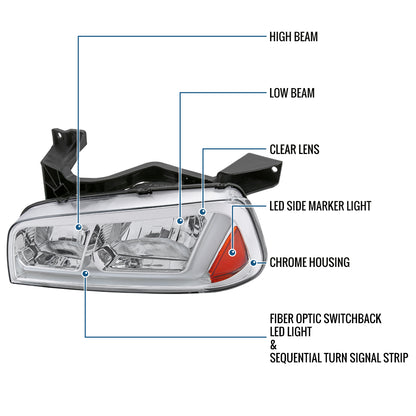 Ronnin - Fits 2006-2010 Dodge Charger Upgraded Replacement LED Tube Switchback Sequential Turn Signal Halogen Headlights Assembly Pair | Chrome