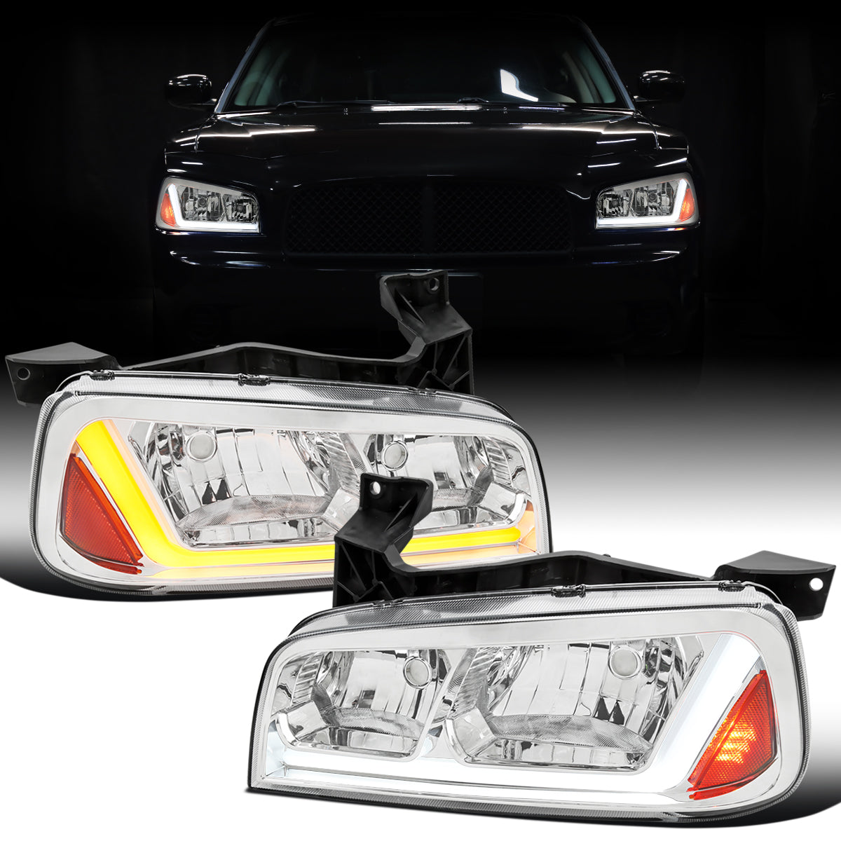 Ronnin - Fits 2006-2010 Dodge Charger Upgraded Replacement LED Tube Switchback Sequential Turn Signal Halogen Headlights Assembly Pair | Chrome