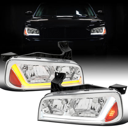 Ronnin - Fits 2006-2010 Dodge Charger Upgraded Replacement LED Tube Switchback Sequential Turn Signal Halogen Headlights Assembly Pair | Chrome