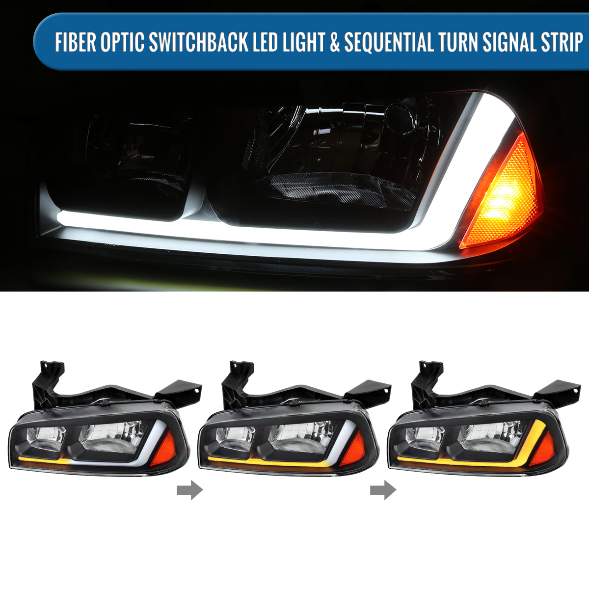 Ronnin - Fits 2006-2010 Dodge Charger Upgraded Replacement LED Tube Switchback Sequential Turn Signal Halogen Headlights Assembly Pair | Black