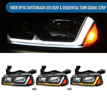 Ronnin - Fits 2006-2010 Dodge Charger Upgraded Replacement LED Tube Switchback Sequential Turn Signal Halogen Headlights Assembly Pair | Black