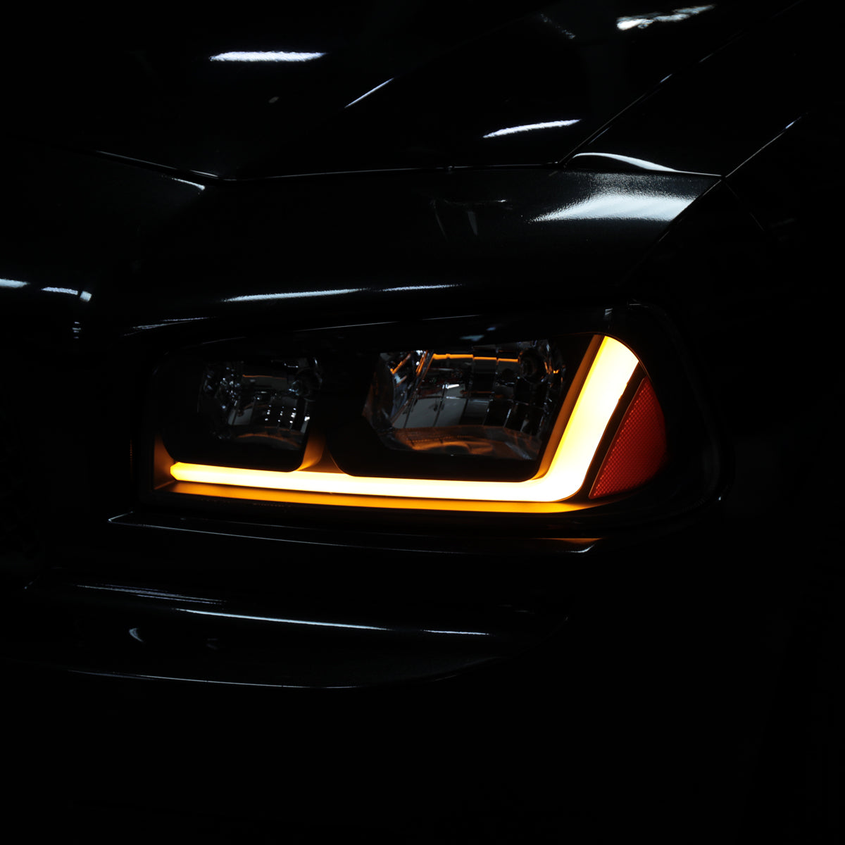 Ronnin - Fits 2006-2010 Dodge Charger Upgraded Replacement LED Tube Switchback Sequential Turn Signal Halogen Headlights Assembly Pair | Black Smoke