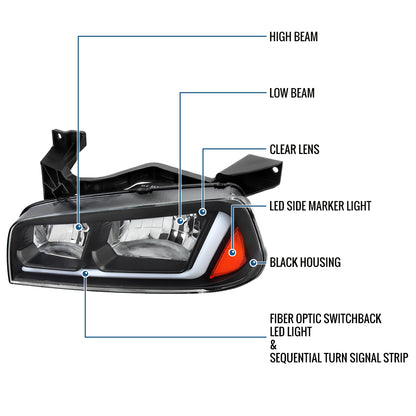 Ronnin - Fits 2006-2010 Dodge Charger Upgraded Replacement LED Tube Switchback Sequential Turn Signal Halogen Headlights Assembly Pair | Black